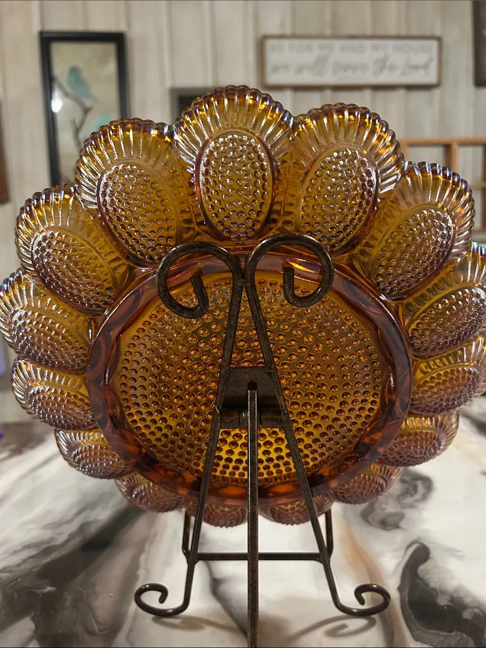 Indiana Glass Co. Iridescent Amber Carnival Hobnail Plate Deviled Egg Platter